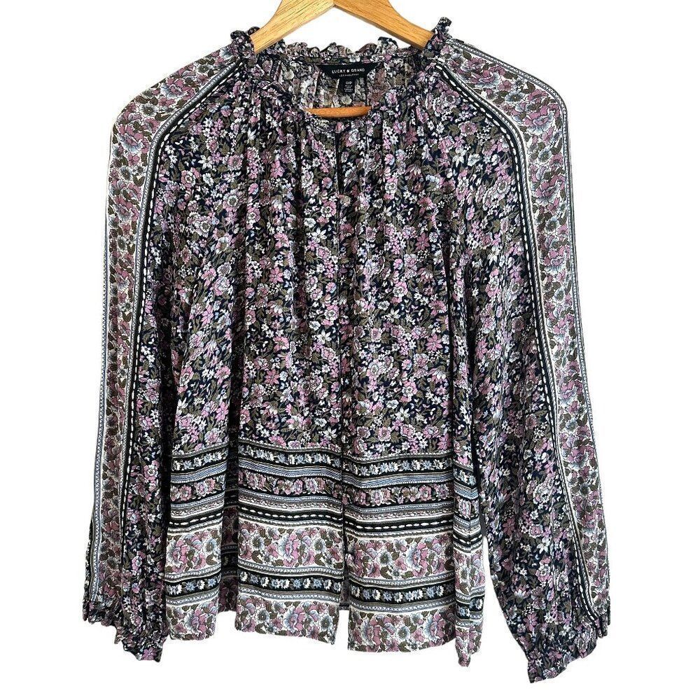Lucky Brand Floral Boho Ruffle Collar Button Up Blouse Size Small